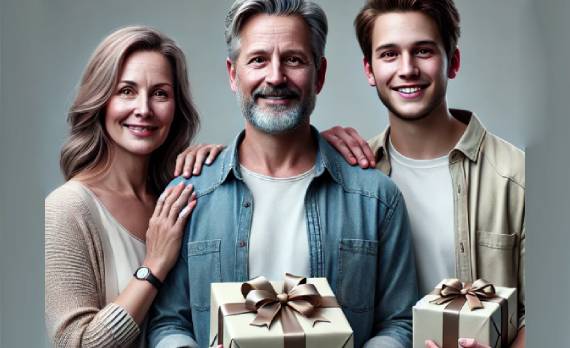 Una familia de tres miembros con regalos