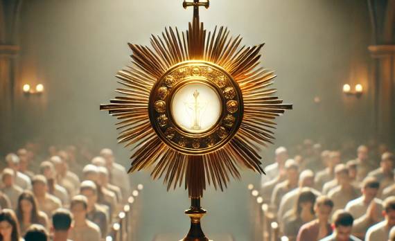 Imagen de una custodia con el Santísimo expuesto y gente rezando