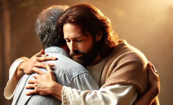 Jesus abraza a un hombre después de perdonarle