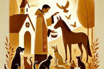 Cartel que anuncia el acto con la imagen de San Antonio bendiciendo a algunos animales