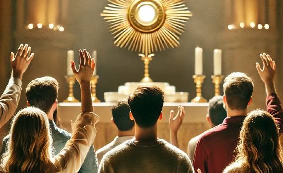 Grupo de personas alabando delante de Jesús sacramentado